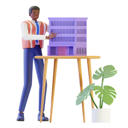 Ingénieur présentant le modèle de bâtiment  3D Illustration