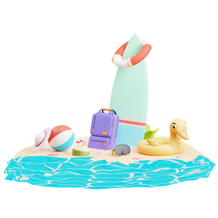 Insel mit Surfbrett  3D Illustration