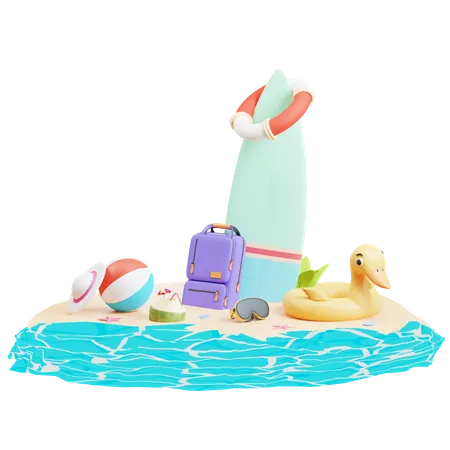 Insel mit Surfbrett  3D Illustration