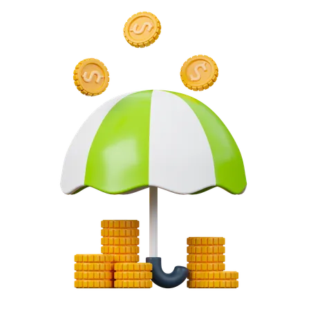 Insurance Investment 3 D Icon Umbrella With Stack Of Coin And Falling US Dollar Coins 3D Icon