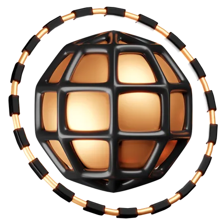 This Icon Features A 3 D Representation Of A Stylized Globe Encircled By A Metallic Ring Conveying A Sense Of Global Connectivity And Geography The Warm Copper Tones Contrasted With The Black Grid Lines Symbolize A Modern And Connected World Suitable For Use In Educational Travel And Technology Related Applications 3D Icon