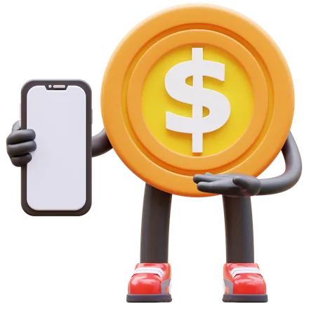Money Coin Character Presenting Blank Smartphone Screen 3D Illustration