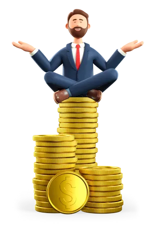 Ilustracion 3 D De Un Hombre Relajante Un Inversionista Exitoso Sentado Sobre Una Enorme Pila De Monedas De Oro Mantenga La Calma En El Concepto De Ahorro Financiero 3D Illustration