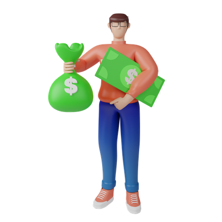 Inversor rico con bolsa de dinero  3D Illustration