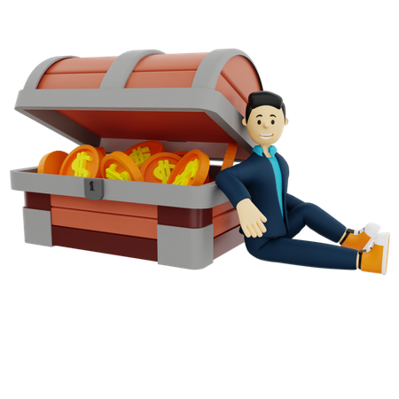 Investidor masculino sentado ao lado da caixa do tesouro  3D Illustration