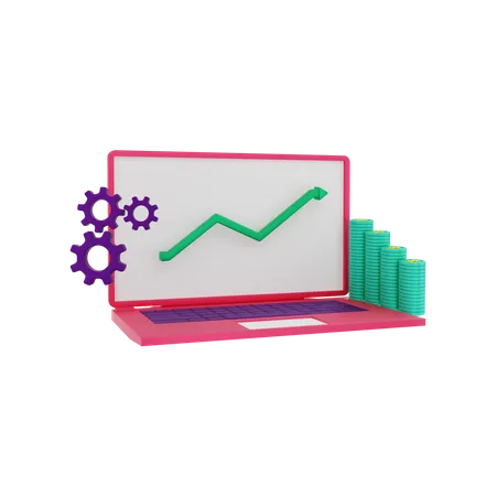 Investment chart view on laptop dollar coin growing  3D Illustration