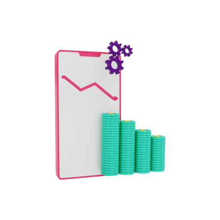 Investment graph seen on the mobile phone dollar coin down  3D Icon