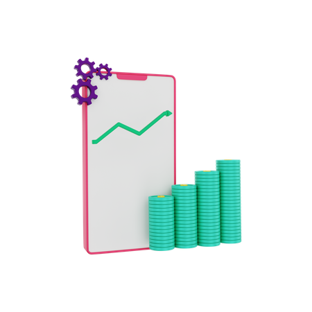 Investment graph seen on the mobile phone dollar coin growing 3D Illustration