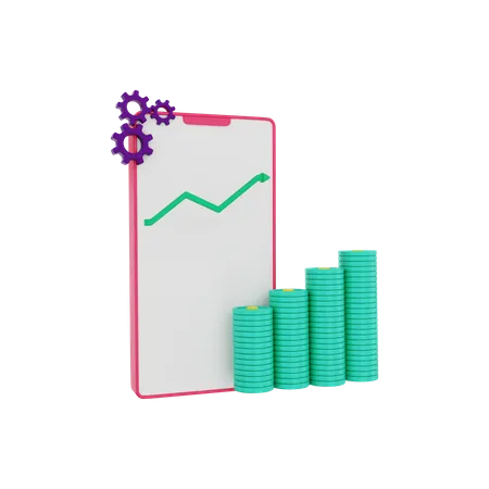 Investment graph seen on the mobile phone dollar coin growing  3D Illustration