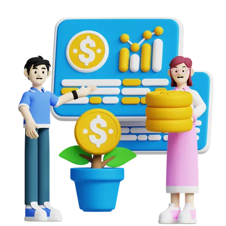 This 3 D Icon Illustrates Two People Presenting Financial Data And A Growing Money Tree Perfect For Symbolizing Investment Growth And Financial Planning 3D Icon