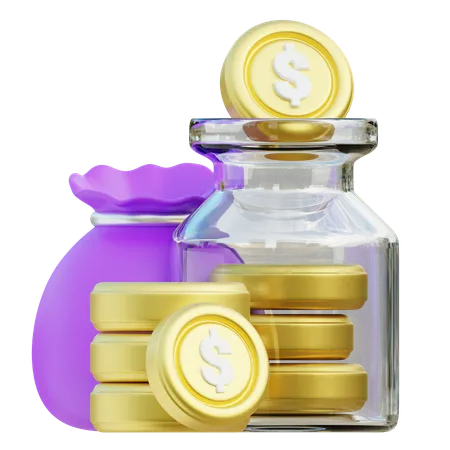 3 D Rendered Icon Combines A Traditional Money Bag With Golden Dollar Coins And A Modern Glass Jar Symbolizing Diverse Investment Methods From Tangible Savings To Transparent Financial Strategies 3D Icon
