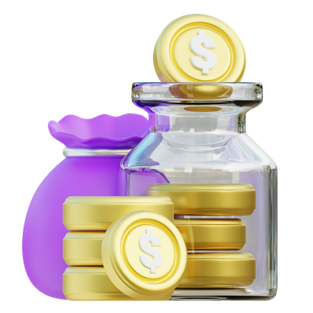 Investment Options With Money Bag And Glass Jar Concept  3D Icon