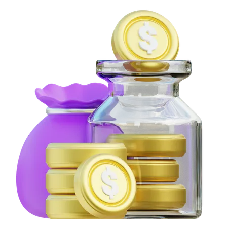 Investment Options With Money Bag And Glass Jar Concept  3D Icon