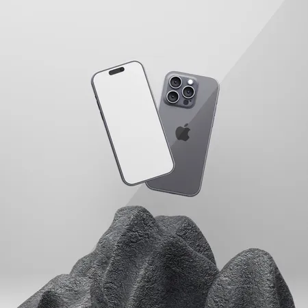 岩だらけの地形の上をホバリングする iPhone 15 Pro Max  3D Illustration