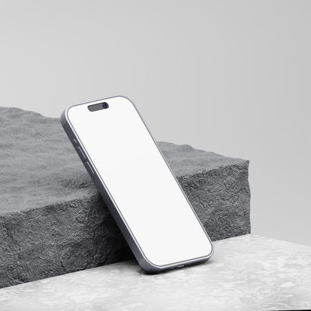 石の上に傾いたiPhone 15 Pro Max  3D Illustration