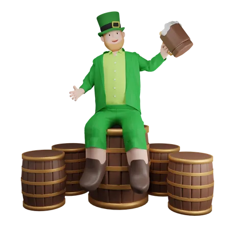 Irish man sitting on beer Barrel  3D Illustration