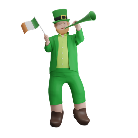Irish person holding flag and playing Trumpet  3D Illustration