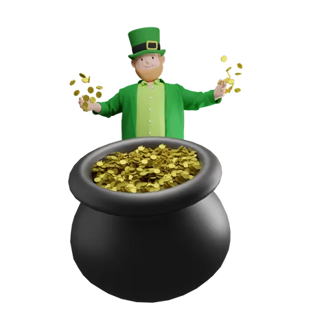 Irishman sitting on coin pot  3D Illustration