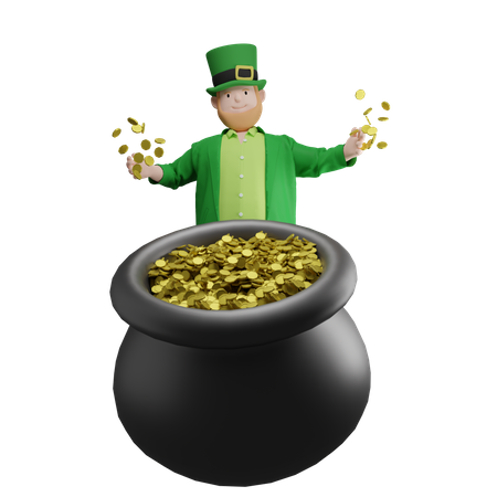 Irlandés sentado en la olla de monedas  3D Illustration