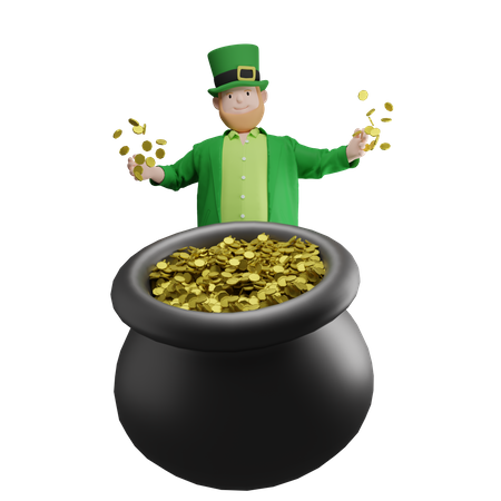 Irlandês sentado no pote de moedas  3D Illustration