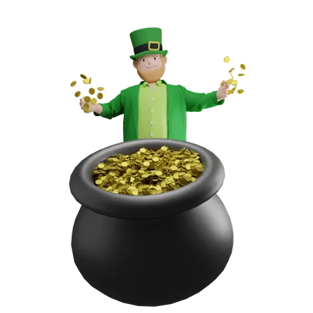 Irlandês sentado no pote de moedas  3D Illustration