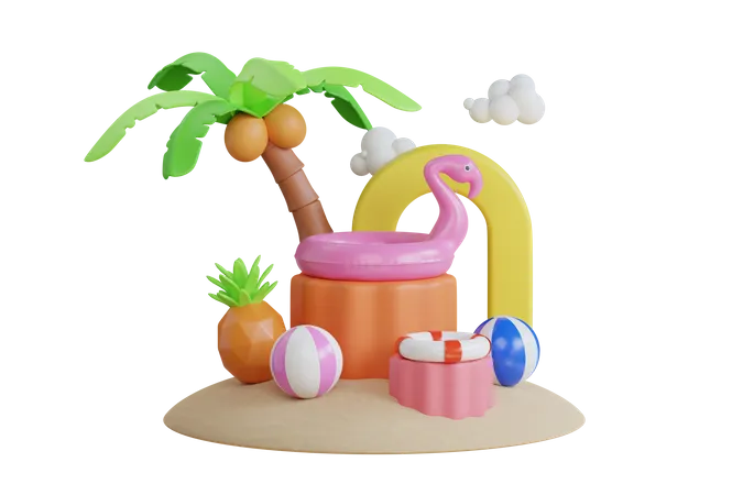 Isla con equipamiento de playa.  3D Illustration