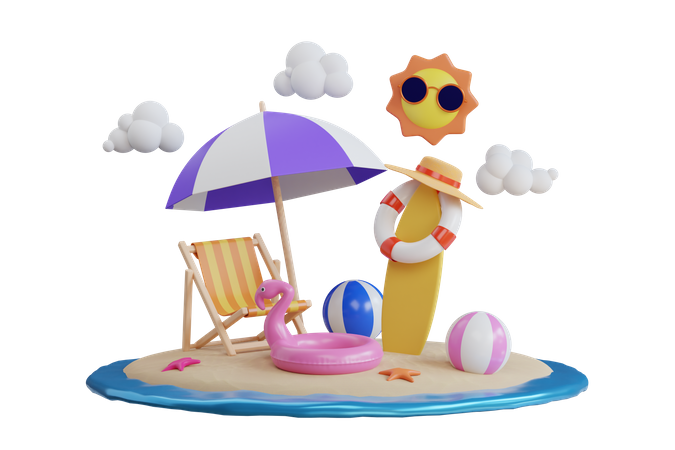 Isla con equipamiento de sol y playa.  3D Illustration