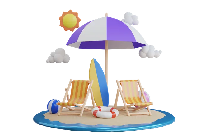 Isla con silla de playa.  3D Illustration