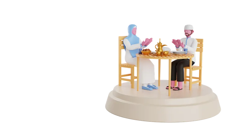 Islamic Couple doing prayer before Iftar party 3D Illustration