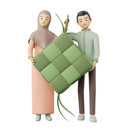 Islamic Couple Holding ketupat  3D Illustration