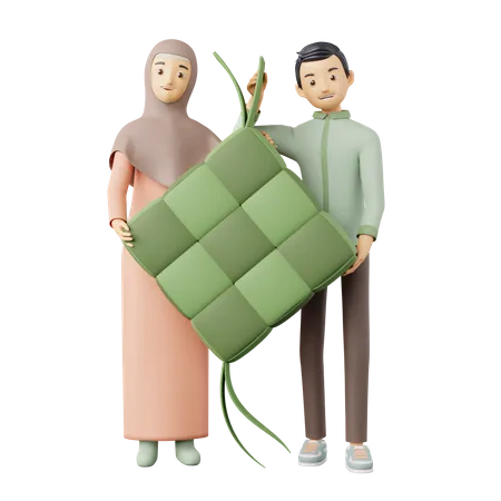 Islamic Couple Holding ketupat 3D Illustration