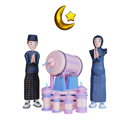 Islamic Couple with folded hands and drum  3D Illustration