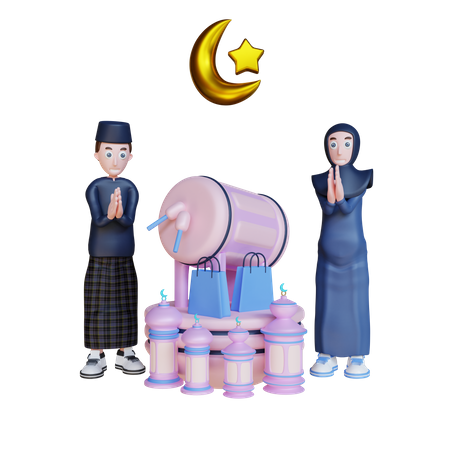 Islamic Couple with folded hands and drum 3D Illustration