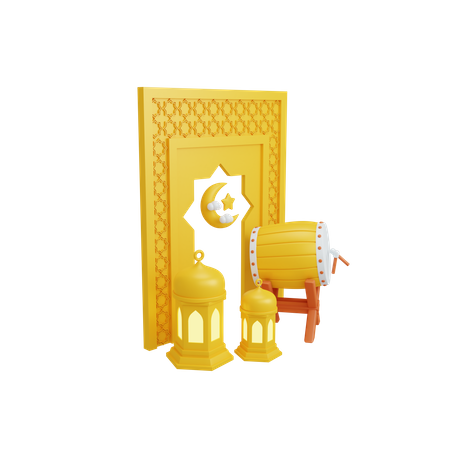 Islamic decoration with lantern and bedug drum  3D Icon