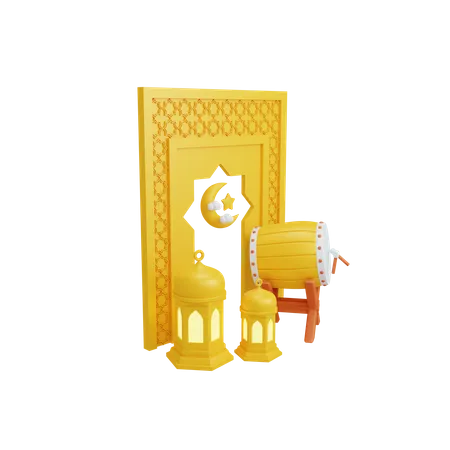 Islamic decoration with lantern and bedug drum  3D Illustration