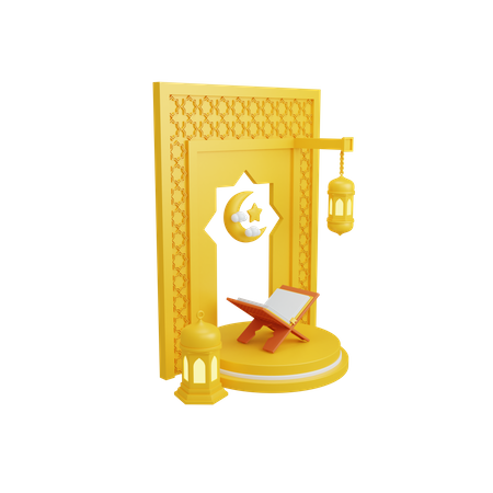 Islamic decoration with podium display and holy quran  3D Illustration