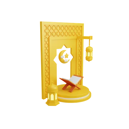 Islamic decoration with podium display and holy quran  3D Illustration