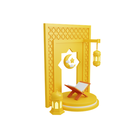 Islamic decoration with podium display and holy quran 3D Illustration