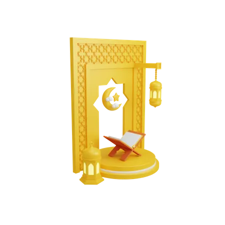 Islamic decoration with podium display and holy quran 3D Illustration