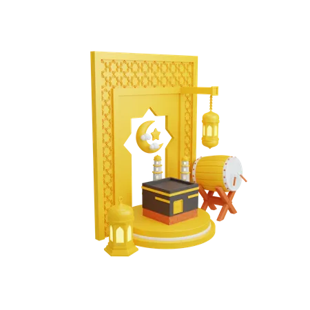 Islamic decoration with podium display and kaaba  3D Illustration