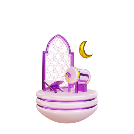 Islamic Drum with Quran and Moon 3D Illustration