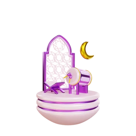 Islamic Drum with Quran and Moon 3D Illustration