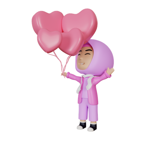 Islamic Girl holding heart shaped balloon  3D Illustration