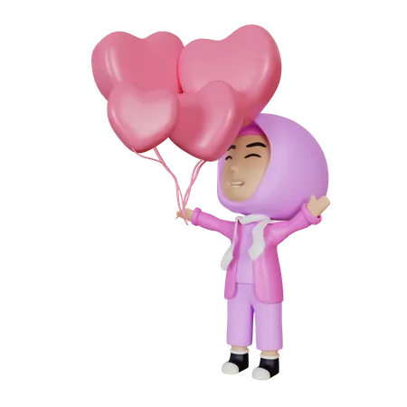 Islamic Girl holding heart shaped balloon  3D Illustration