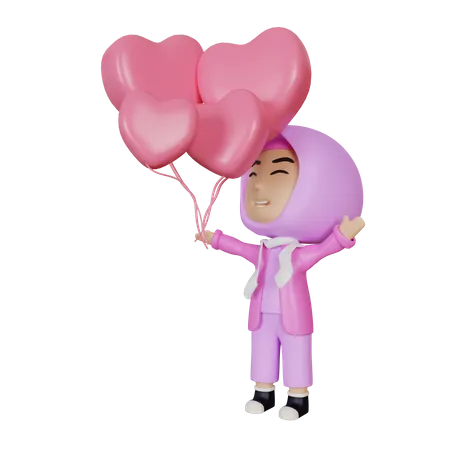 Islamic Girl holding heart shaped balloon 3D Illustration