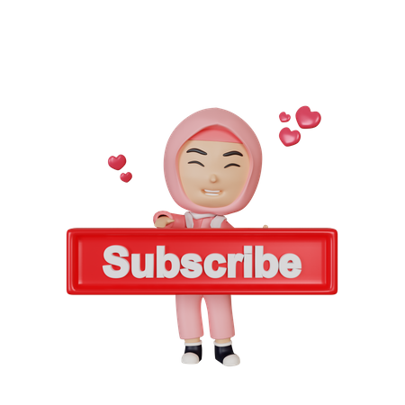 Islamic girl holding subscribe button  3D Illustration