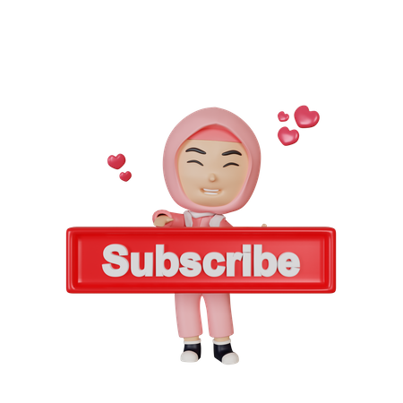 Islamic girl holding subscribe button 3D Illustration