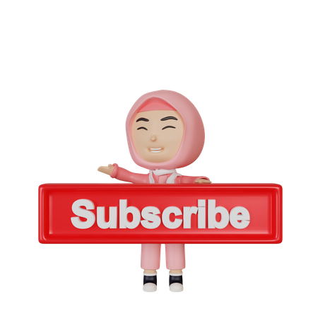 Islamic Girl showing subscribe button  3D Illustration