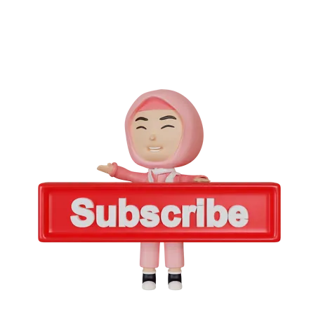 Islamic Girl showing subscribe button  3D Illustration