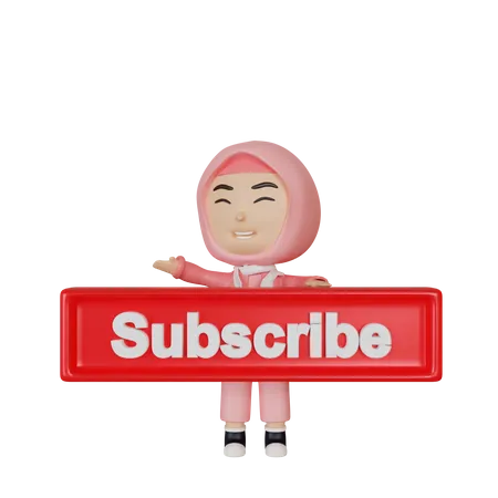 Islamic Girl showing subscribe button 3D Illustration